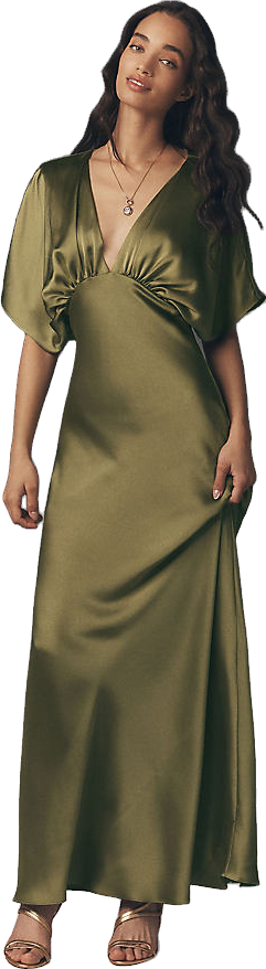 Bhldn Amelia Deep-V Flutter-Sleeve Satin A-Line Gown - Chocolate |  Editorialist