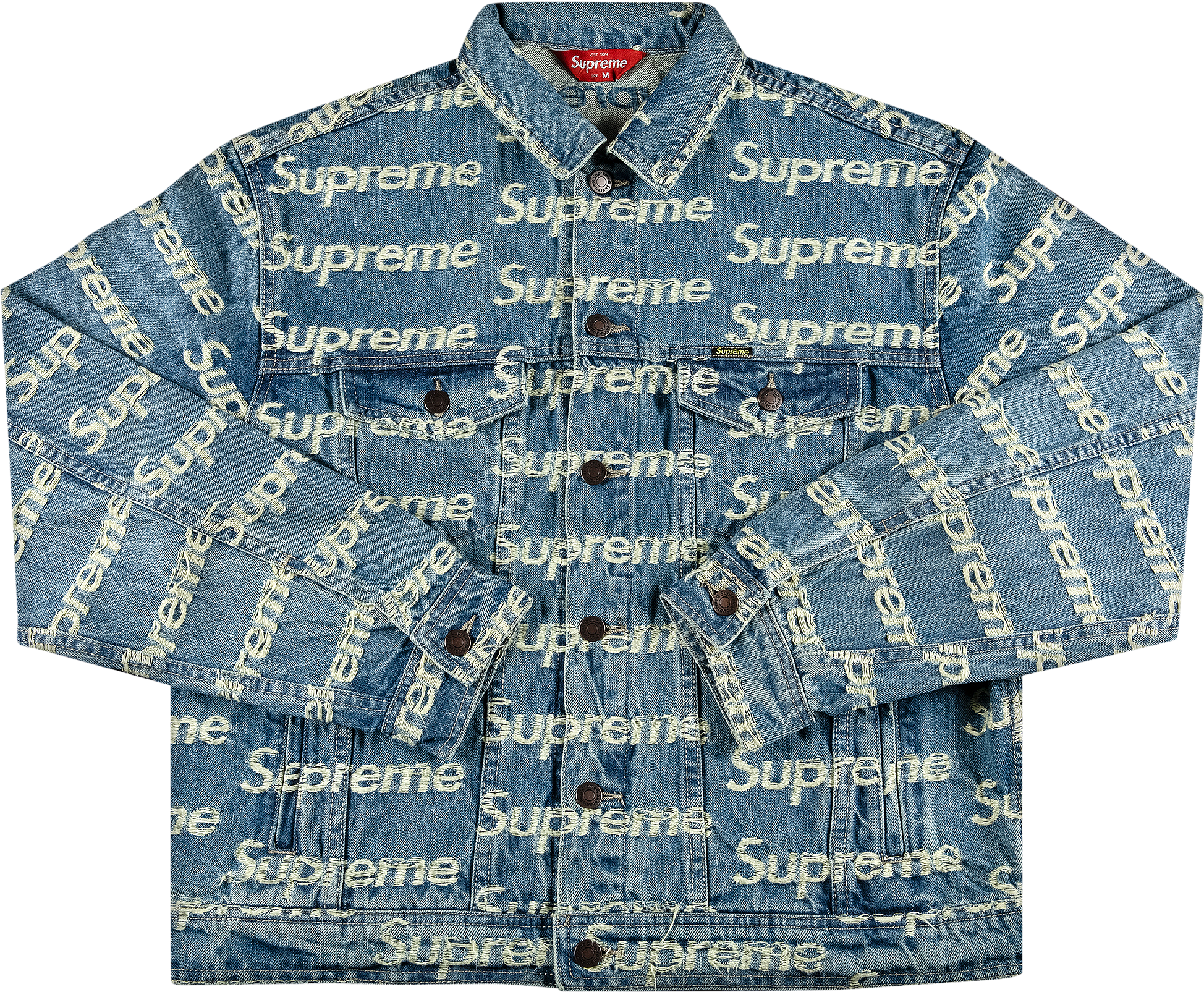 Supreme Frayed Logos Denim Trucker Jacket - Blue | Editorialist