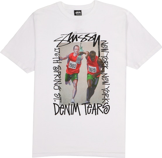 StüSsy X Denim Tears Pass The Baton T-Shirt In White | Editorialist