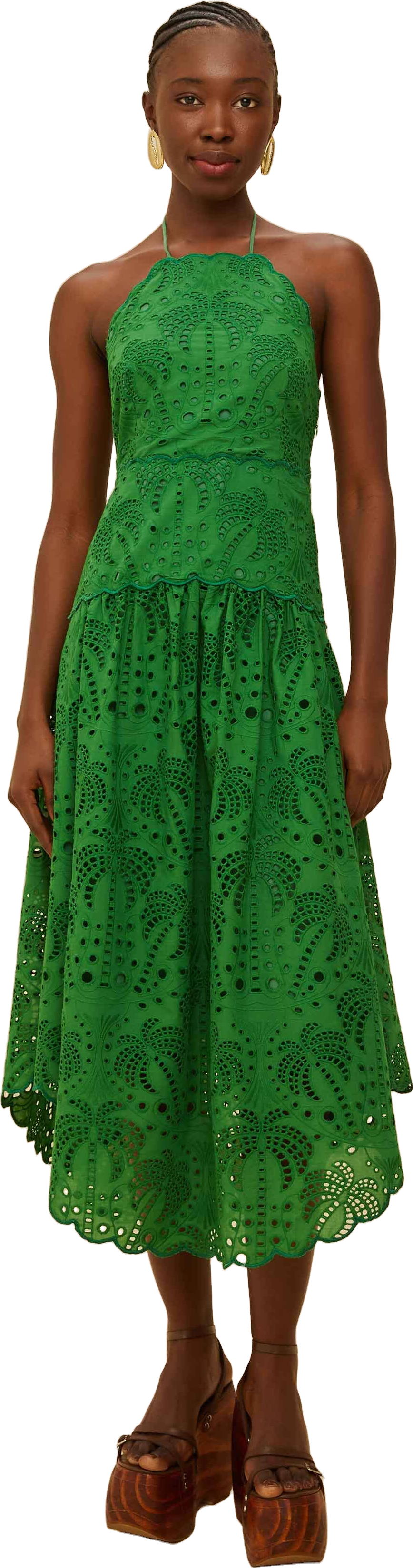 farm rio green palm tree eyelet halter neck midi dress Farm Rio Palm Tree Cotton Sleeveless Eyelet Midi Dress