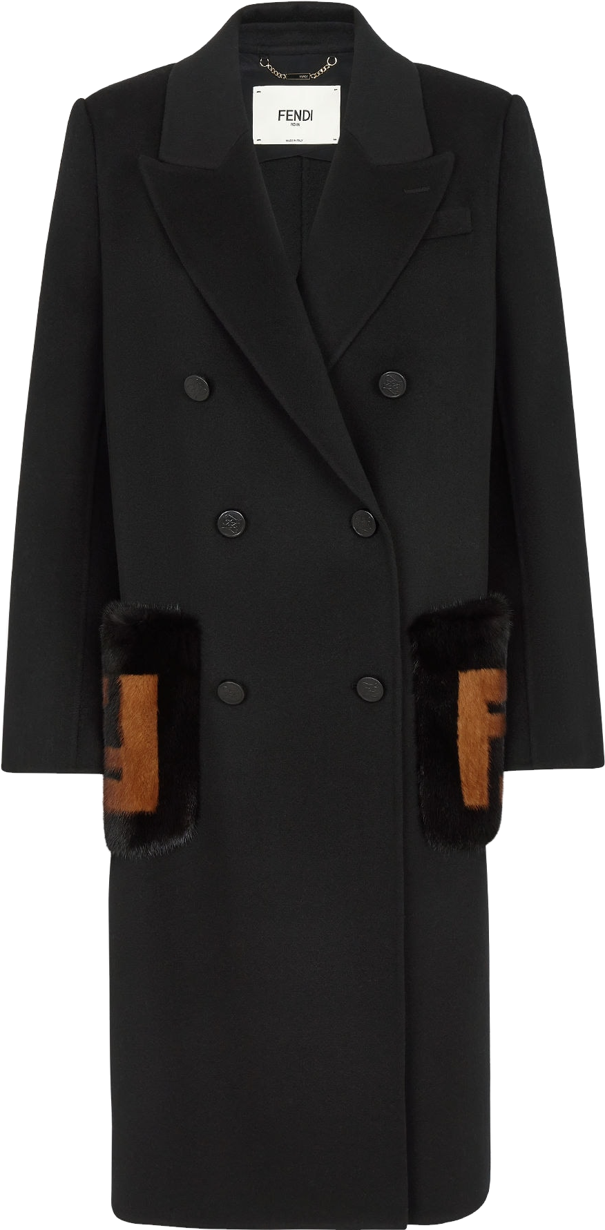 Fendi Double-breasted Wool Coat With Fur Pockets - Black