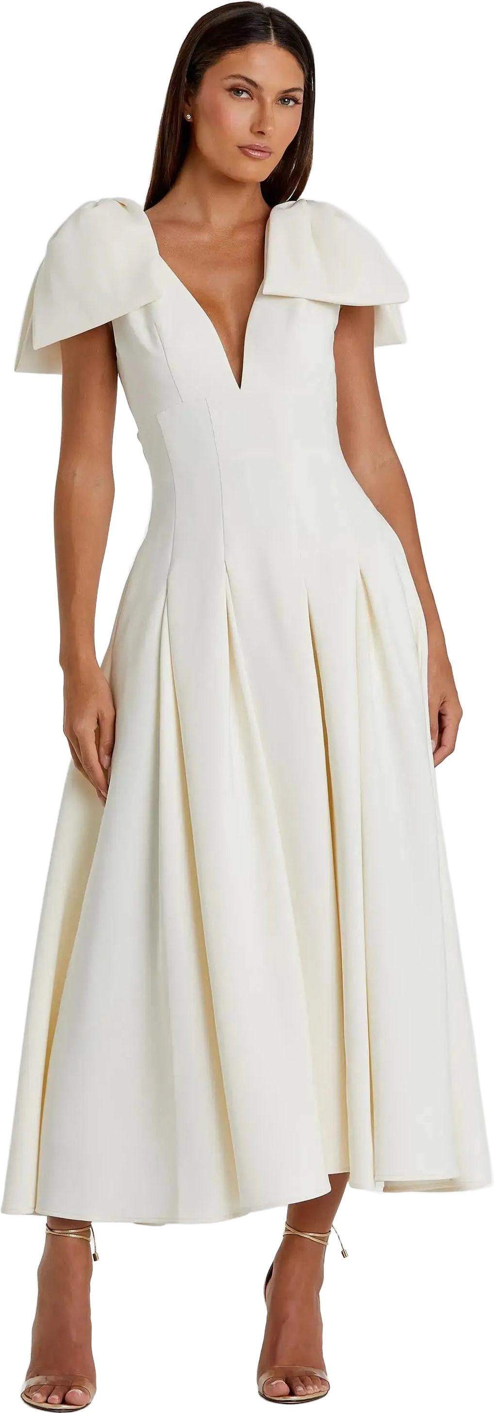 Mac Duggal Bow-Strap V-Neck Fit & Flare Midi Dress - White | Editorialist
