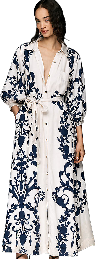 Maeve Mona Linen Shirt Dress - Blue Floral | Editorialist