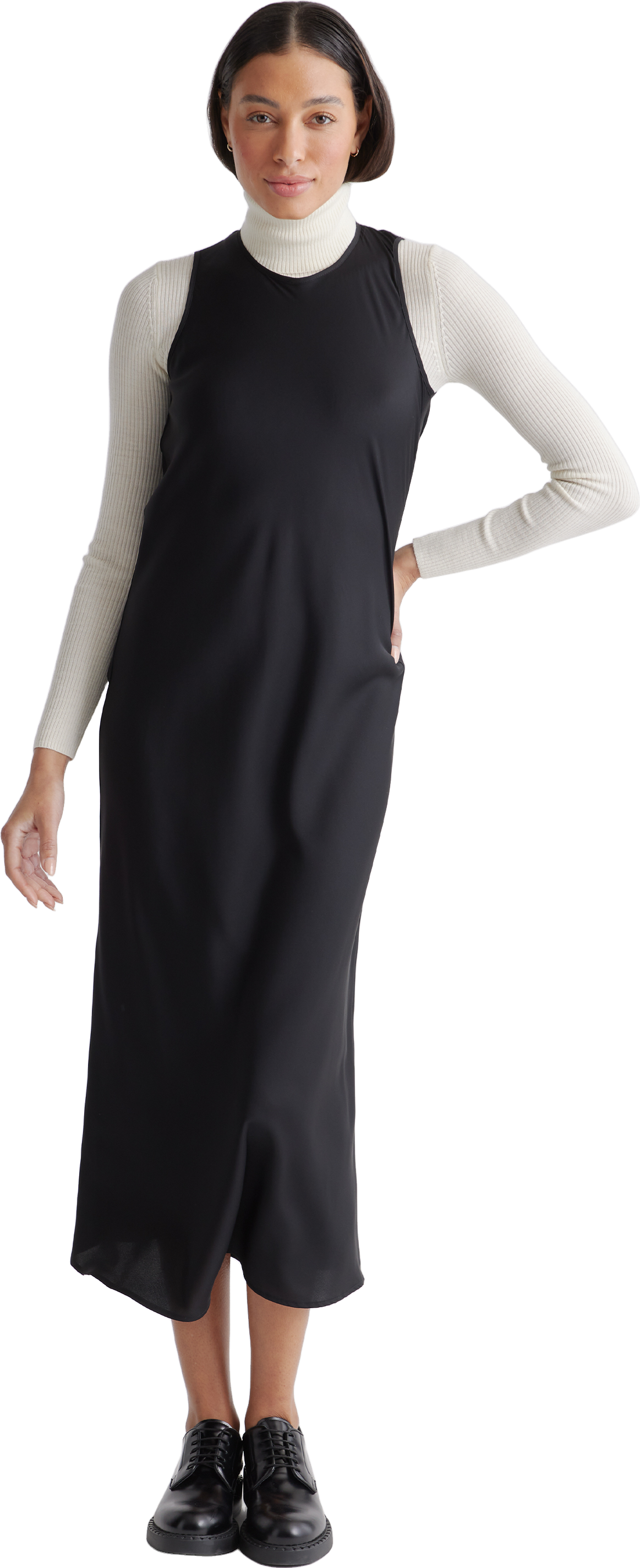 quince washable stretch silk tank midi dress Women's Washable Stretch Silk Tank Top Midi Dress in Cordovan Red Hibiscus, Size Large by Quince