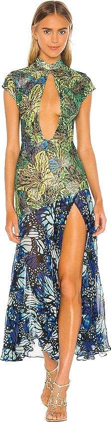 lace butterfly dress kim shui Butterfly Print Lace & Silk Chiffon Plunge Neck Dress (Women)