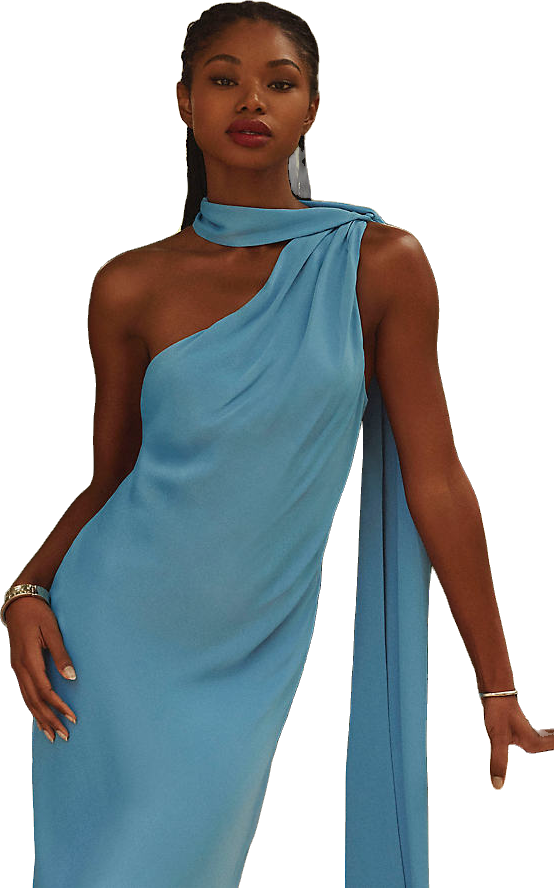bhldn nicoletta one-shoulder scarf satin midi dress Bhldn Nicoletta One-Shoulder Satin Midi Dress In Blue - 50% Off