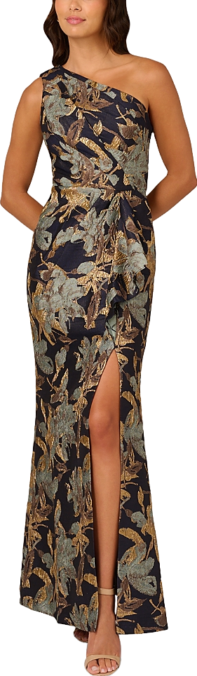 Adrianna Papell Floral Jacquard One Shoulder Mermaid Gown - Blue/Gold |  Editorialist