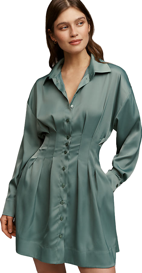 the tobie long sleeve satin mini shirt dress by exquise Exquise The Tobie Long-Sleeve Satin Mini Shirt Dress by Exquise at MarketFair Shoppes in Princeton, NJ