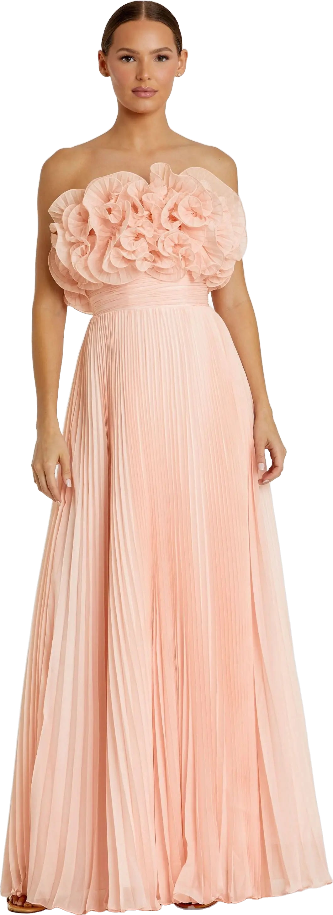 Buy Monique Lhuillier Mila Pleated Print Strapless Chiffon Gown - Electric Stripe At 65% Off
