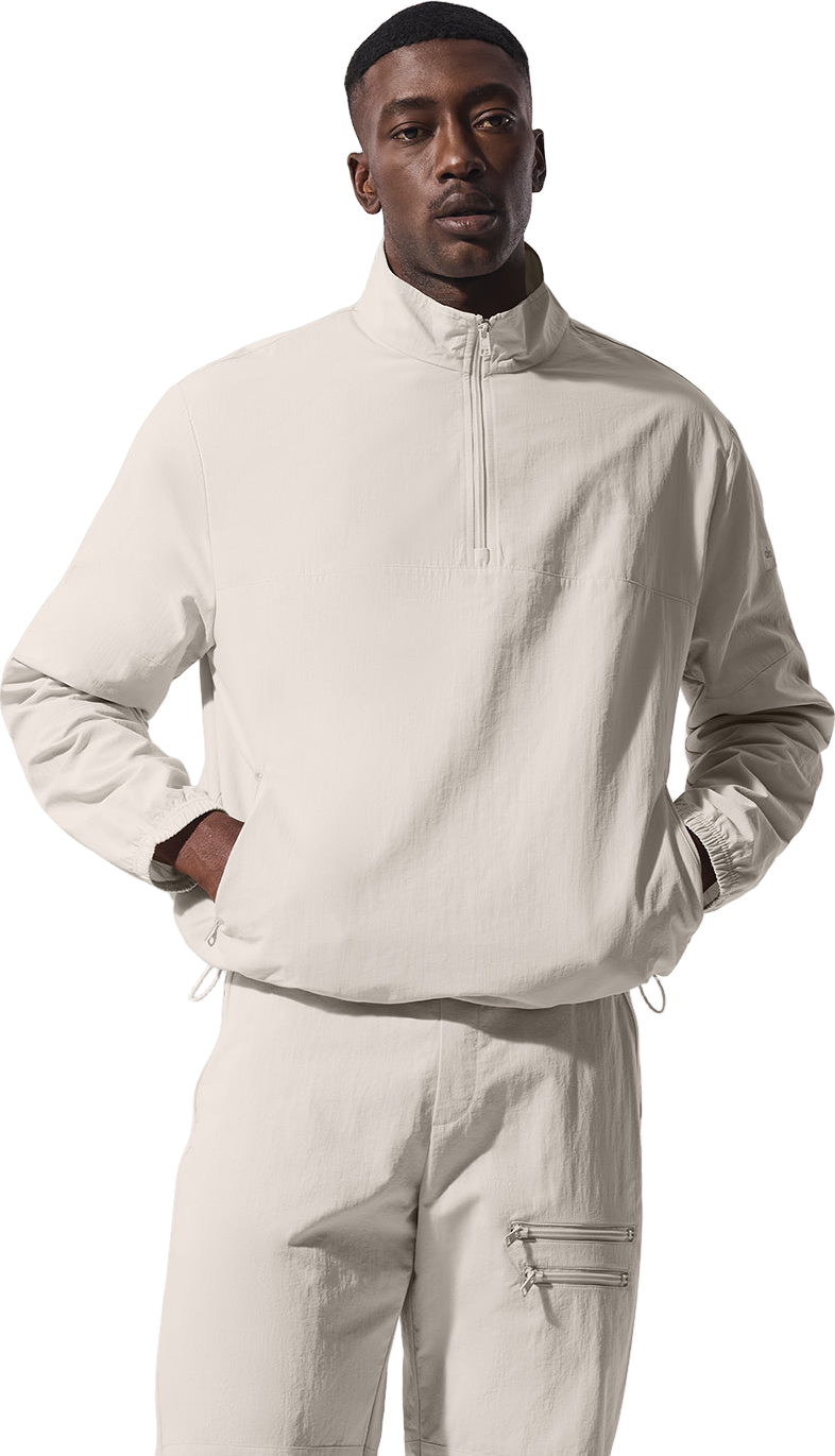 Alo Yoga Light Weight Takeaway Track Pullover Top In Desert Sage