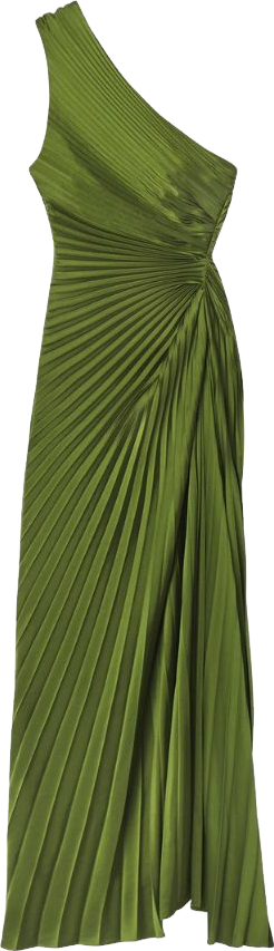 ivy pleated one shoulder dress Metallic One Shoulder Pleated Lace Up Back Trumpet Dress with Side Cascade missy / 0 / dark-green