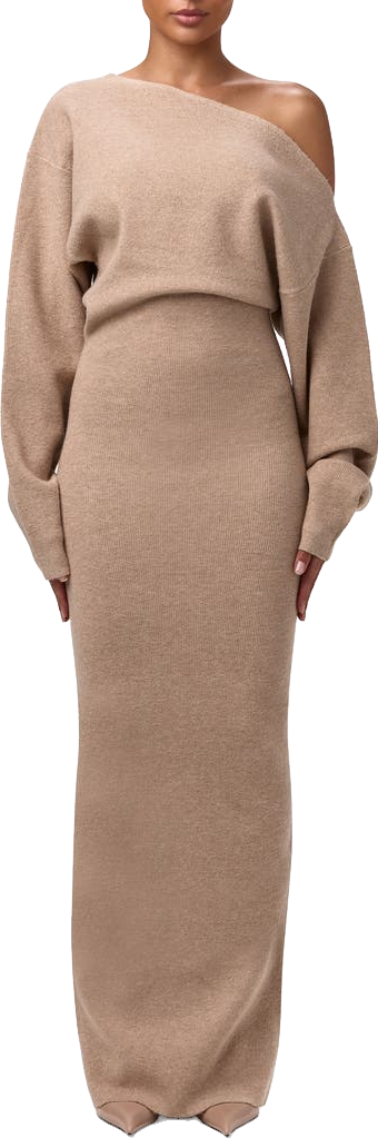 chinese dress ladies Boucle Knit Off-Shoulder Maxi Dress