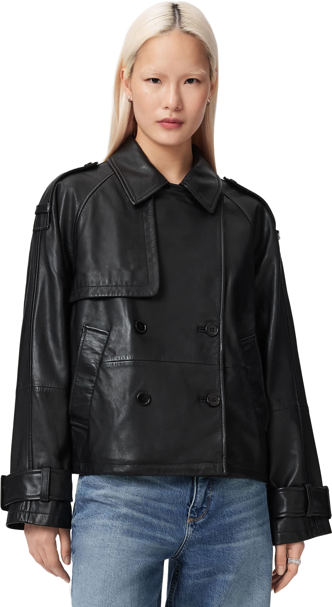 Allsaints Hendry Leather Crop Trench Coat - Black - 30% Off