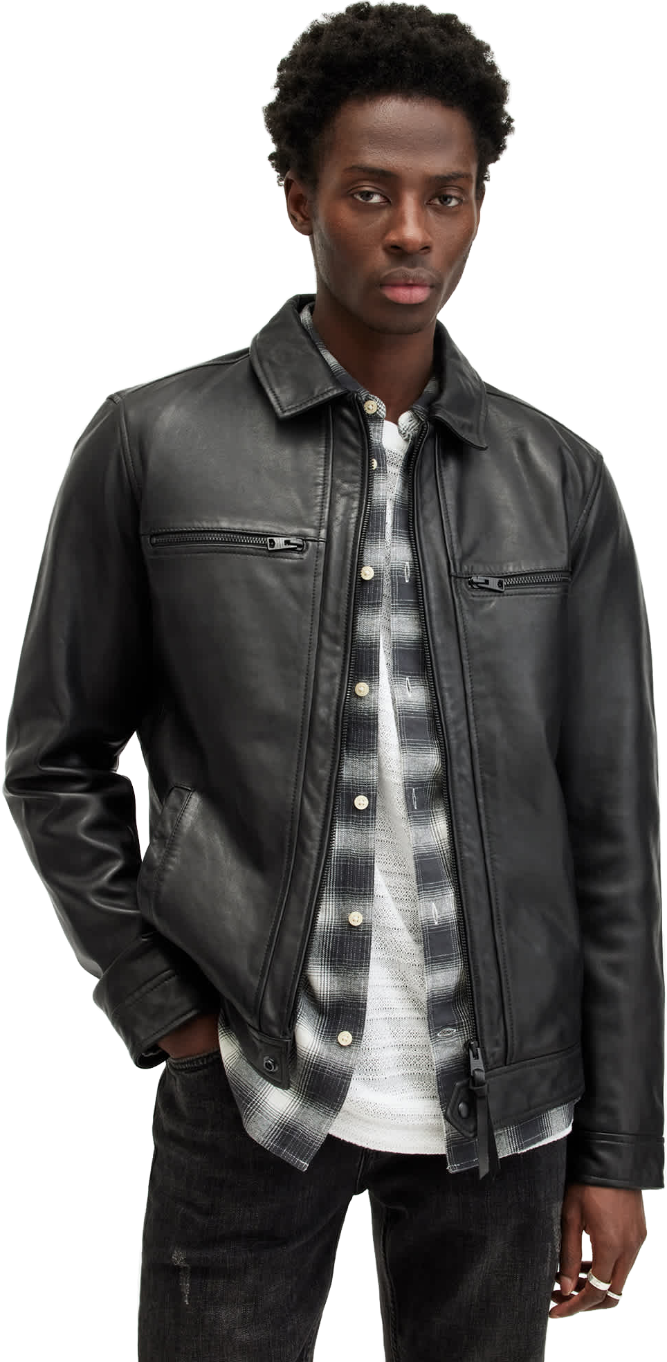 Allsaints Luck Slim Front Zip Up Leather Jacket - Black | Editorialist