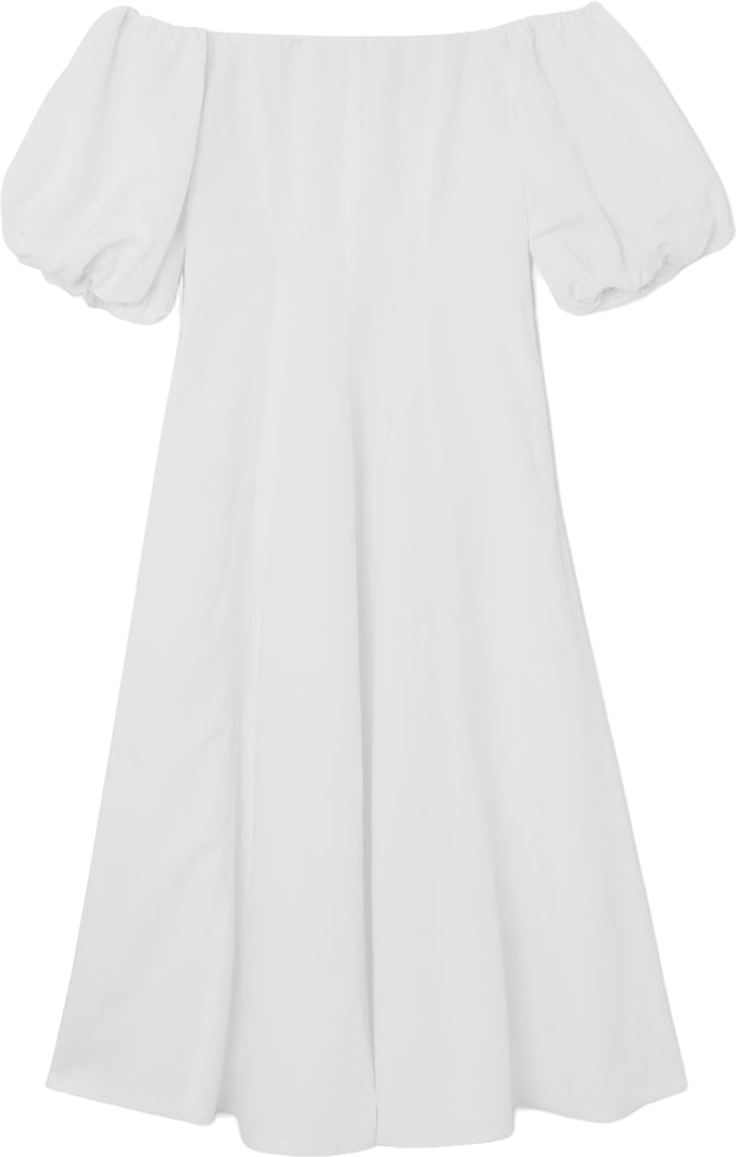 cos off-the-shoulder puff-sleeve midi dress COS Off-The-Shoulder Puff-Sleeve Midi Dress