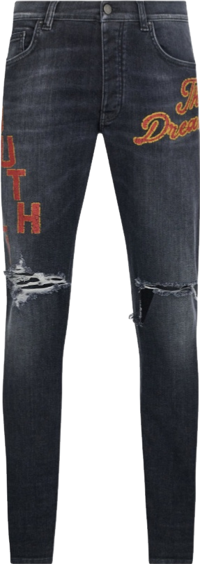 Amiri Skinny Old English Logo Jeans - Blue | Editorialist