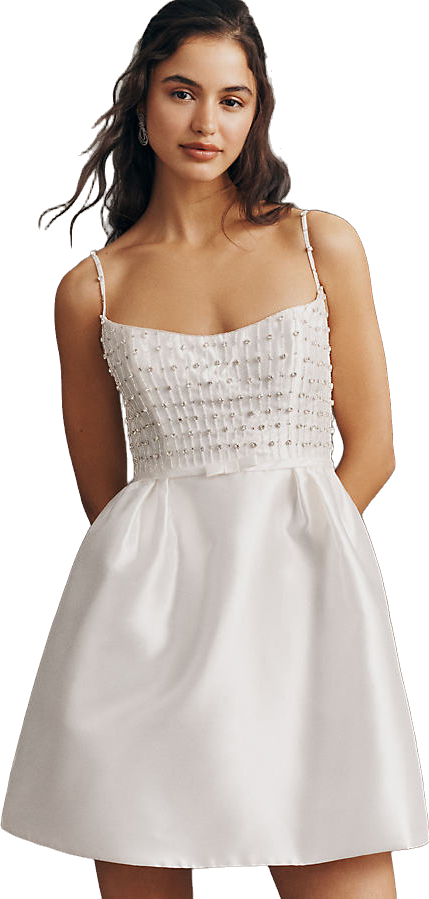 Watters Prancer Tie-Strap Beaded Tulle Mini Dress - White