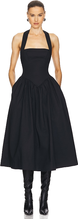 faille halter midi dress in black helsa - attribute:material:cotton