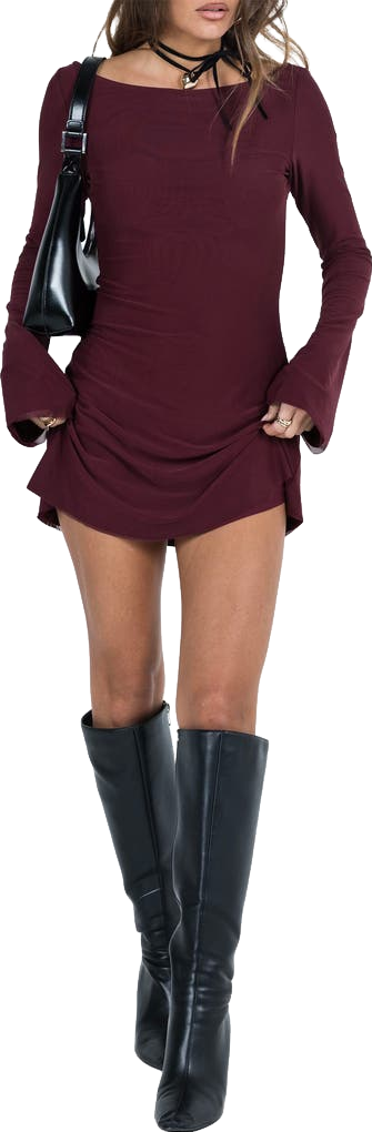 Buy Princess Polly Stassie Long Sleeve Minidress - Burgundy At 60% Off
