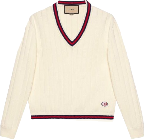 トップス Archive GUCCI v neck cotton knit sweater Gucci Cotton Knit V-Neck Sweater With Web Trim In White - 13% Off