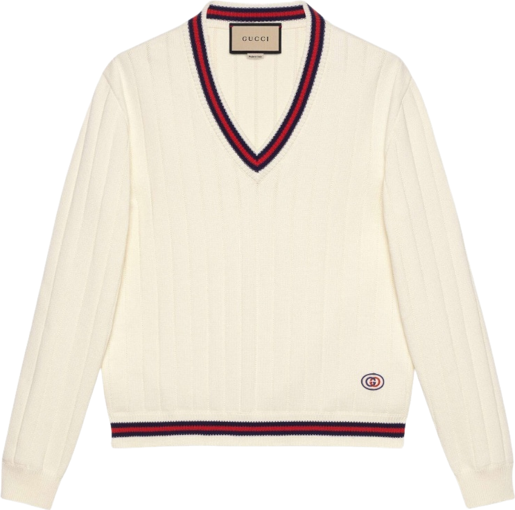 トップス Archive GUCCI v neck cotton knit sweater Gucci Cotton Knit V-Neck Sweater With Web Trim In White - 13% Off